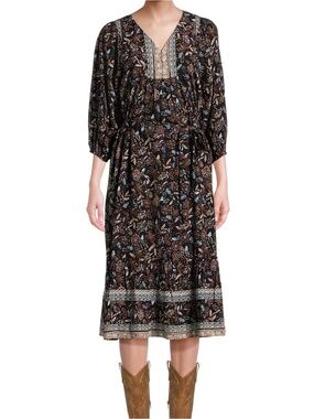 Beachlunchlounge Floral Boho Prairie Cottagecore Belted V Neck Midi Dress Sz XL